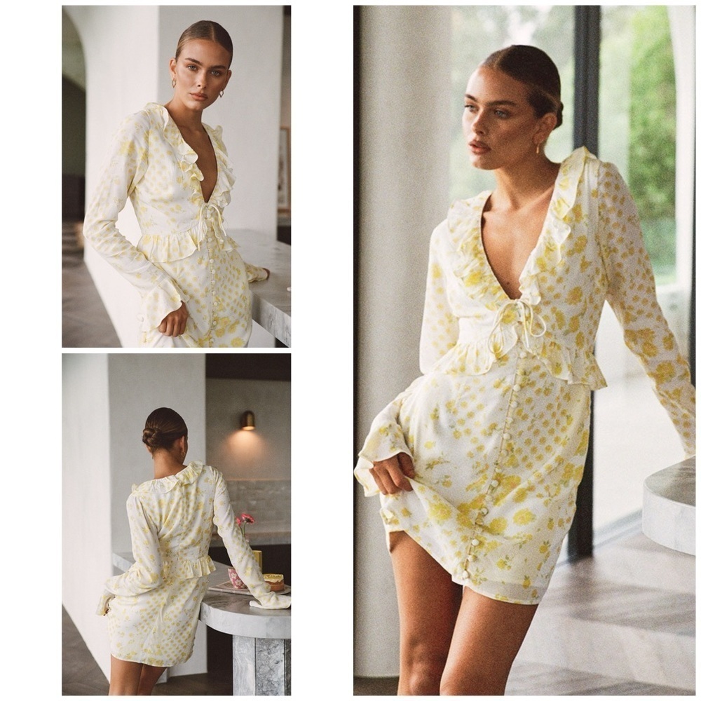 Sabo Skirt Alaira Floral Yellow Buttons Cottagecore Boho Long Sleeves Mini Dress